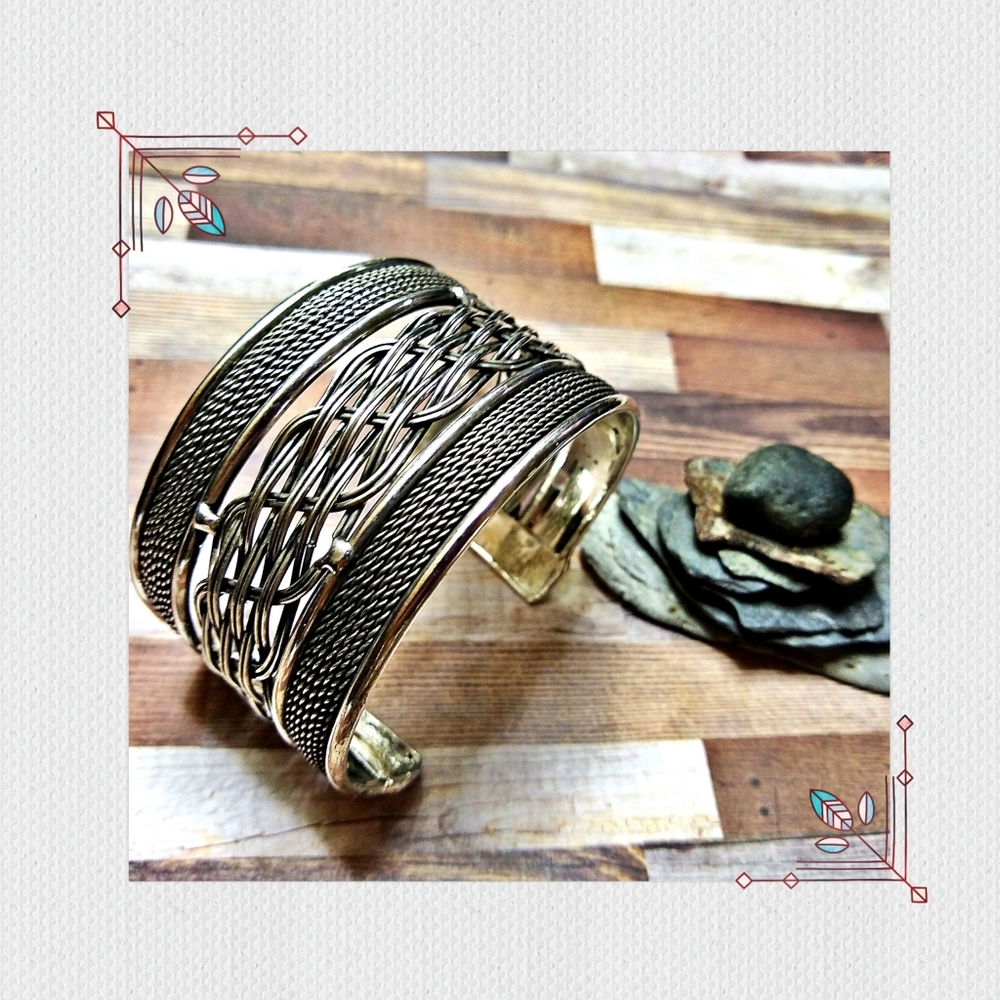 Boho Silver Tone Bali Style Banded WIre Weave Design Statement Cuff Bracelet